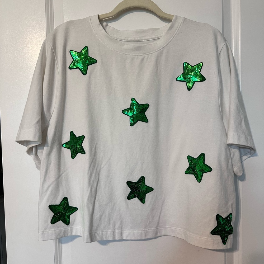 Women’s White Short-Sleeve Tee with Green Sequin Stars